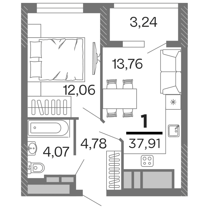 1-комнатная, 37.91 м² — изображение 1