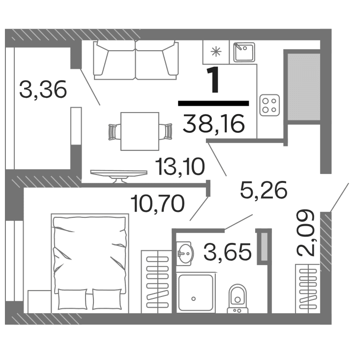 1-комнатная, 38.16 м² — изображение 1