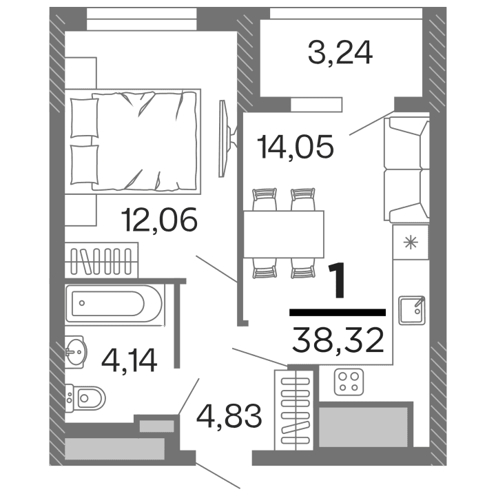 1-комнатная, 38.32 м² — изображение 1