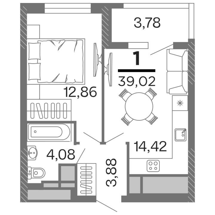 1-комнатная, 39.02 м² — изображение 1