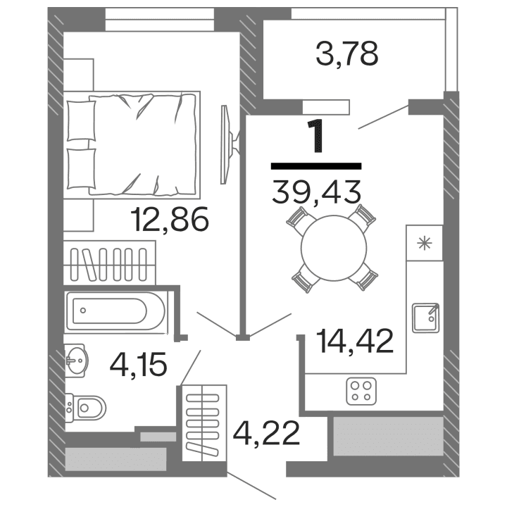 1-комнатная, 39.43 м² — изображение 1