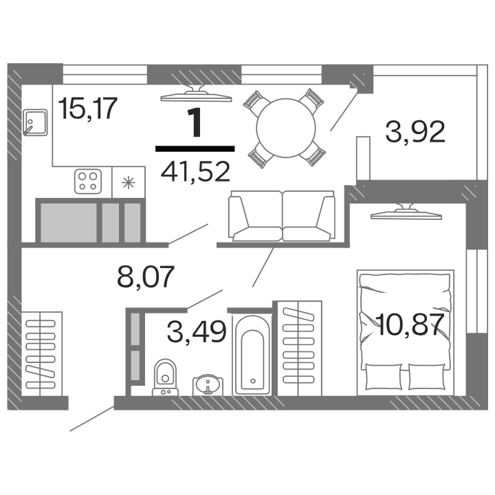 1-комнатная, 41.52 м² — изображение 1