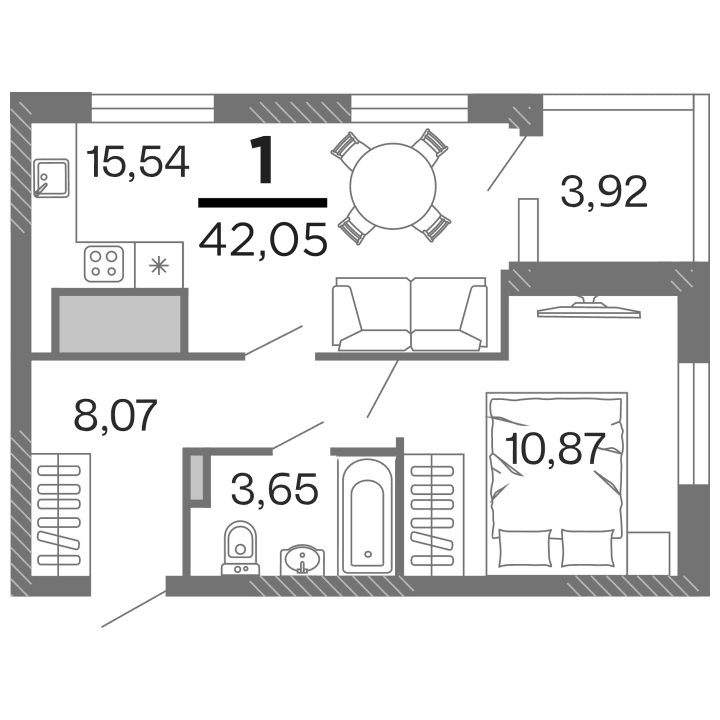 1-комнатная, 42.05 м² — изображение 1
