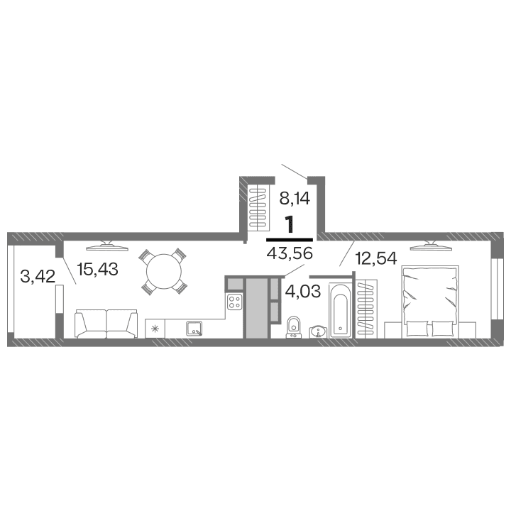 1-комнатная, 43.56 м² — изображение 1
