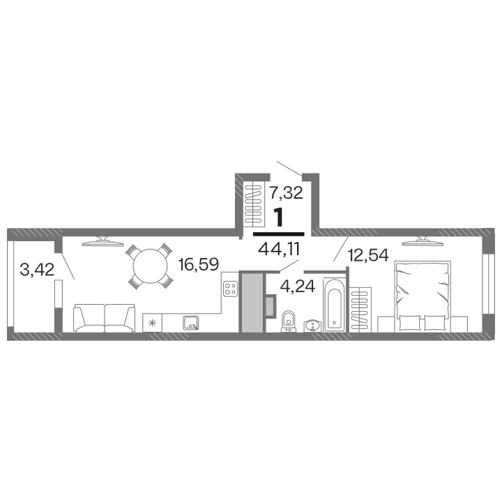 1-комнатная, 44.11 м² — изображение 1