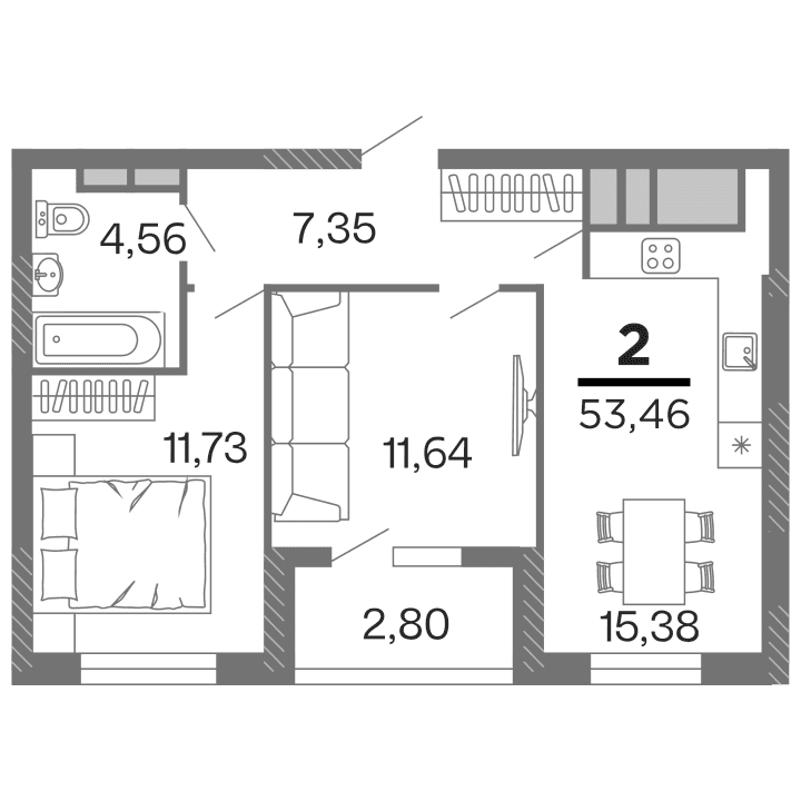 2-комнатная, 53.46 м² — изображение 1