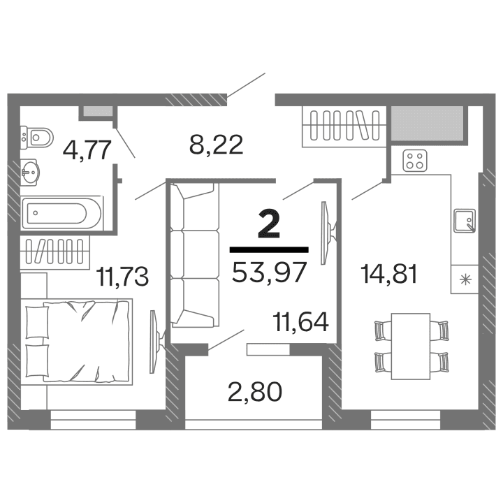 2-комнатная, 53.97 м² — изображение 1