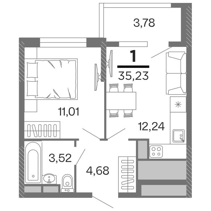 1-комнатная, 35.23 м² — изображение 1