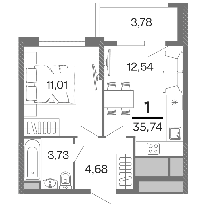 1-комнатная, 35.74 м² — изображение 1