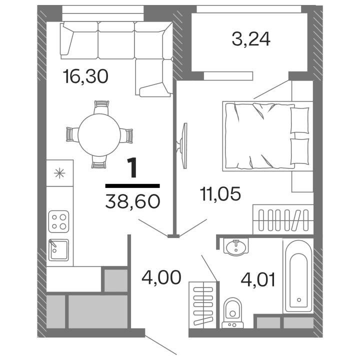 1-комнатная, 38.6 м² — изображение 1
