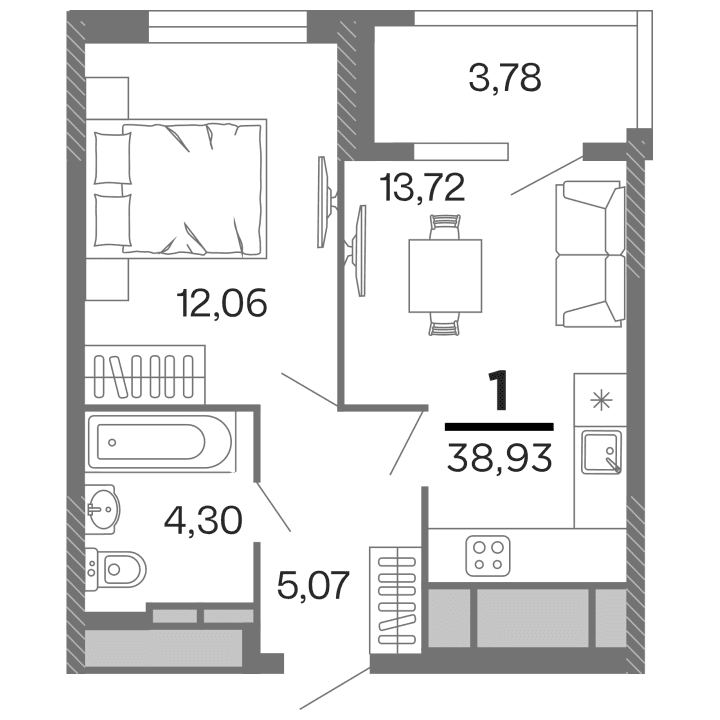 1-комнатная, 38.93 м² — изображение 1