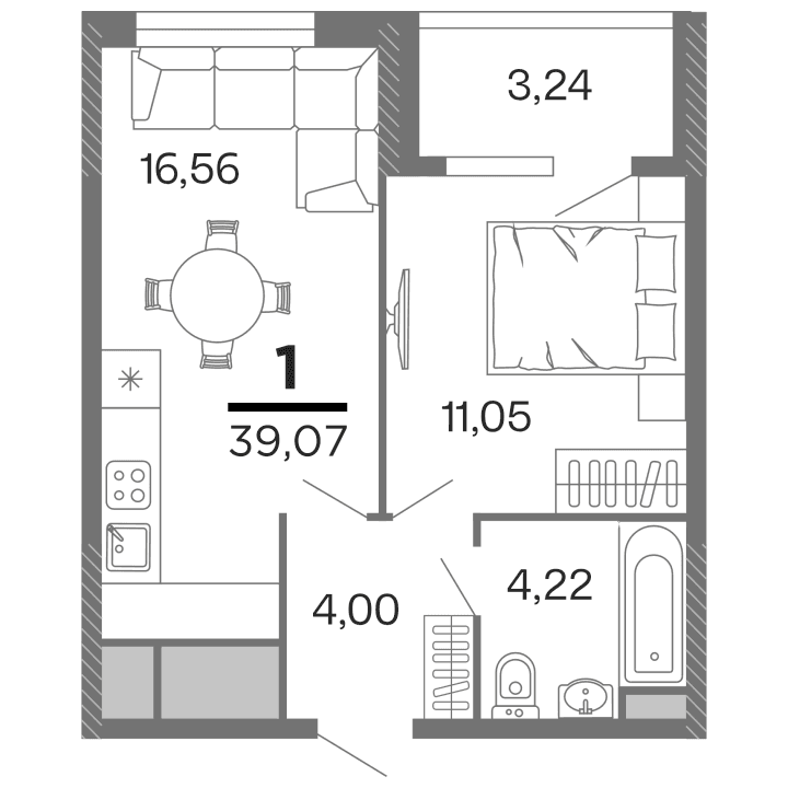 1-комнатная, 39.07 м² — изображение 1