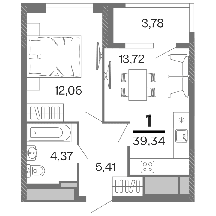 1-комнатная, 39.34 м² — изображение 1