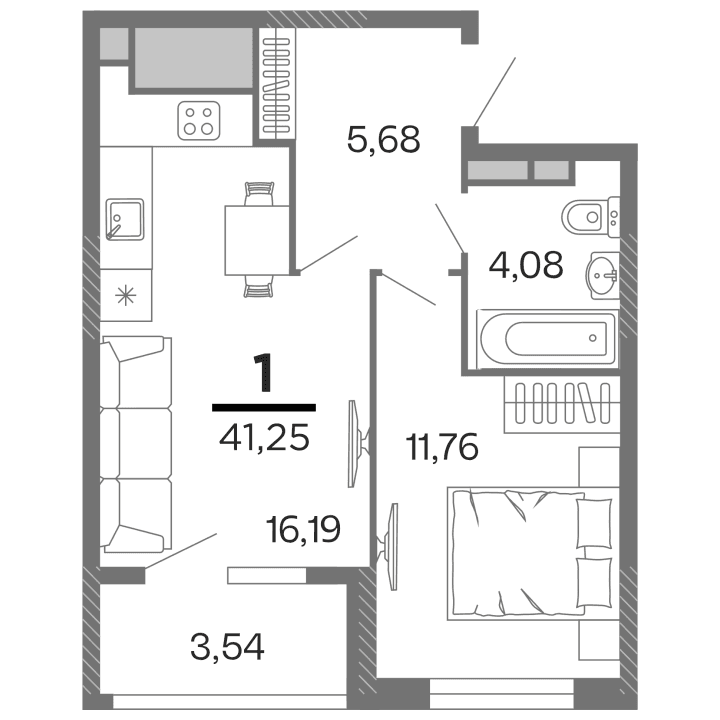 1-комнатная, 41.25 м² — изображение 1