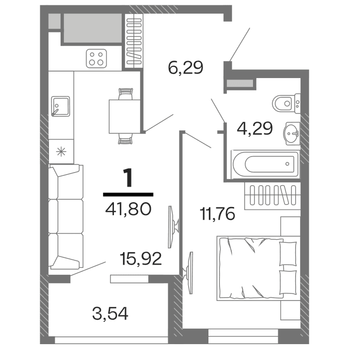 1-комнатная, 41.8 м² — изображение 1