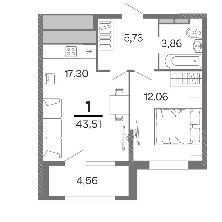 1-комнатная, 43.51 м² — изображение 1