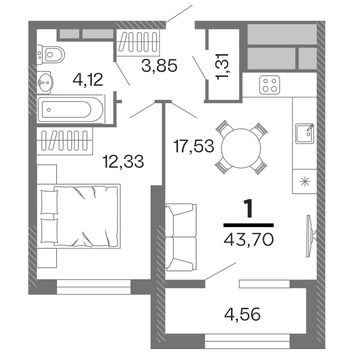 1-комнатная, 43.7 м² — изображение 1