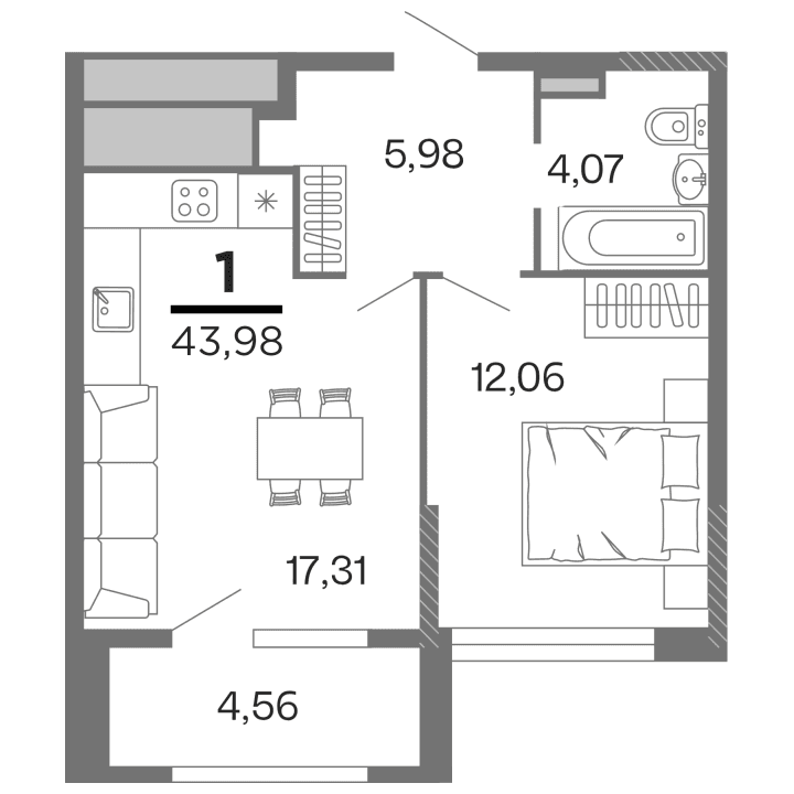 1-комнатная, 43.98 м² — изображение 1