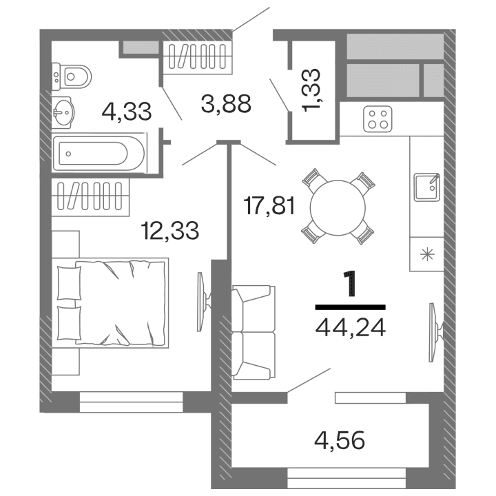 1-комнатная, 44.24 м² — изображение 1