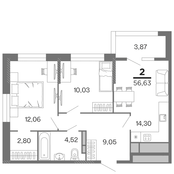2-комнатная, 56.63 м² — изображение 1