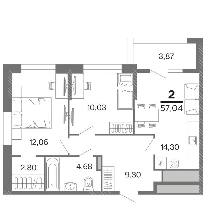 2-комнатная, 57.04 м² — изображение 1