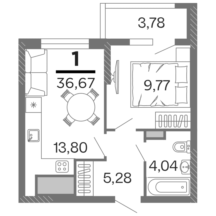 1-комнатная, 36.67 м² — изображение 1