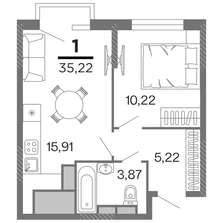 1-комнатная, 35.22 м² — изображение 1