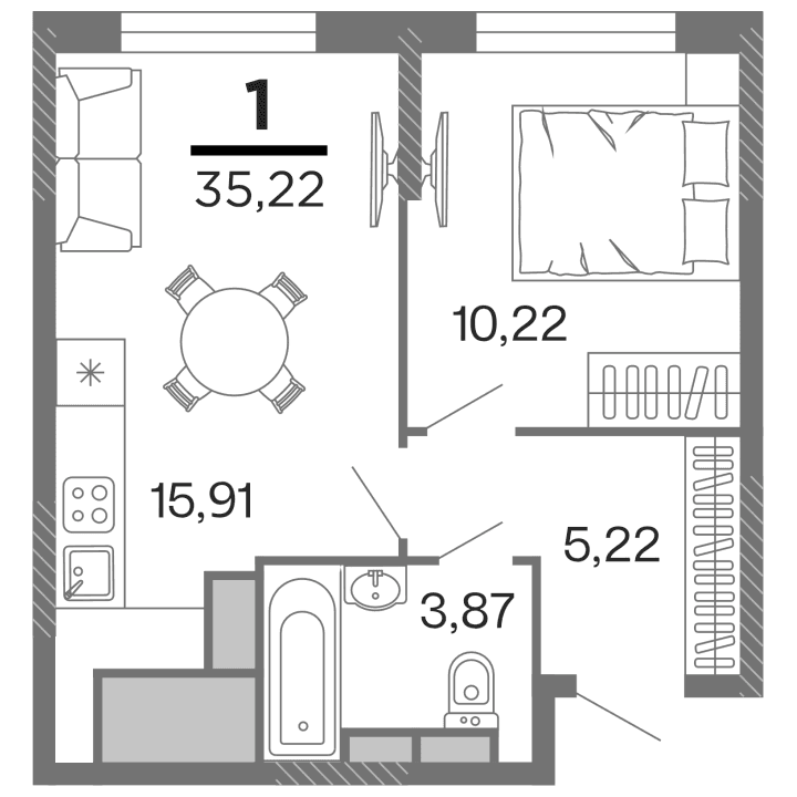 1-комнатная, 35.22 м² — изображение 1