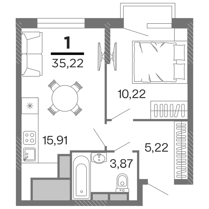 1-комнатная, 35.22 м² — изображение 1