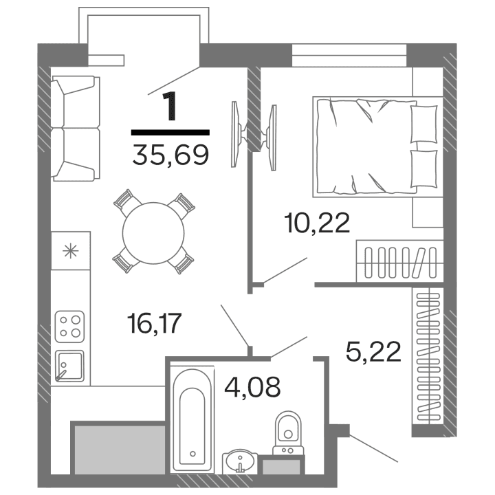 1-комнатная, 35.69 м² — изображение 1