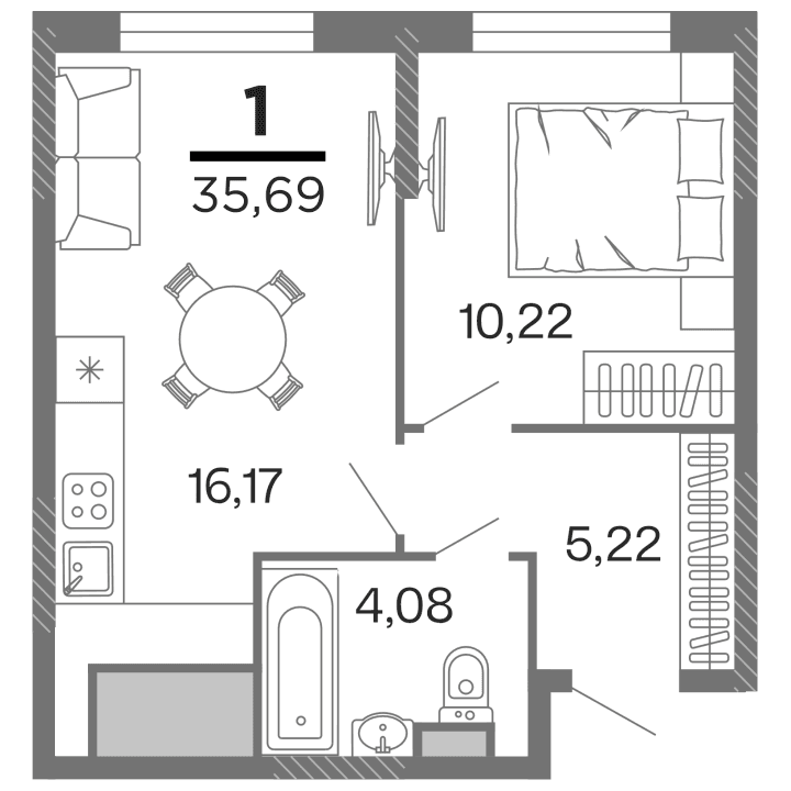 1-комнатная, 35.69 м² — изображение 1