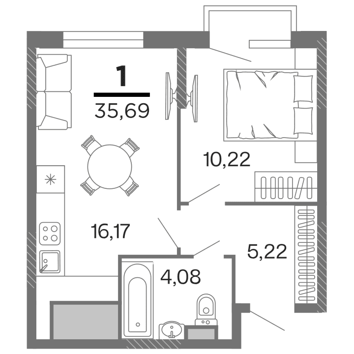 1-комнатная, 35.69 м² — изображение 1