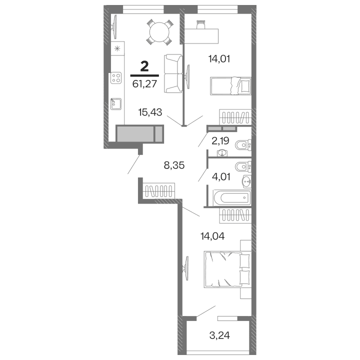 2-комнатная, 61.27 м² — изображение 1