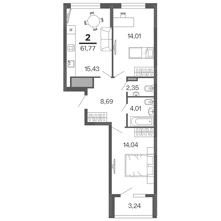 2-комнатная, 61.77 м² — изображение 1