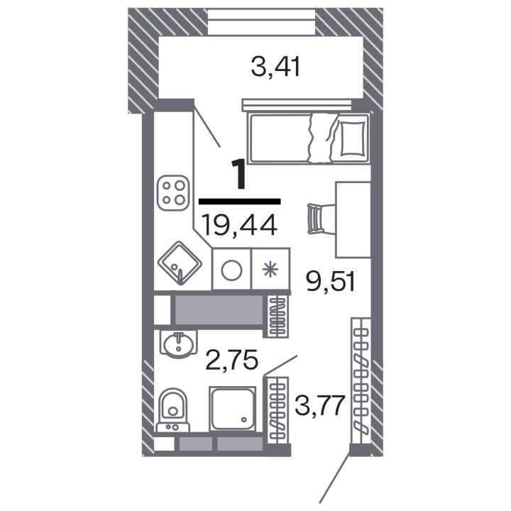 Планировка 1-комнатная, 19.44 м²