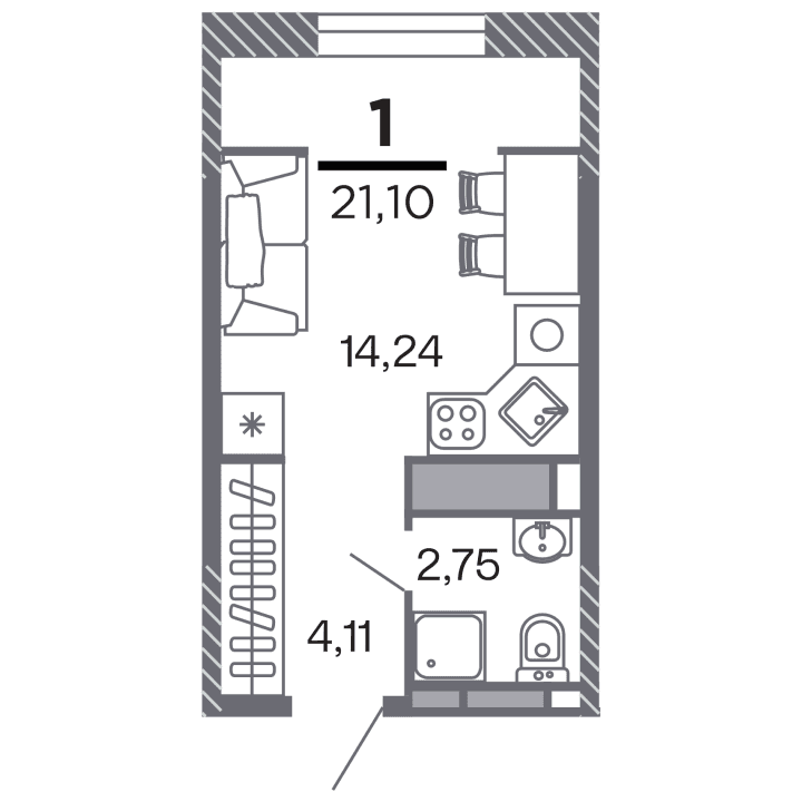 1-комнатная, 21.1 м² — изображение 1