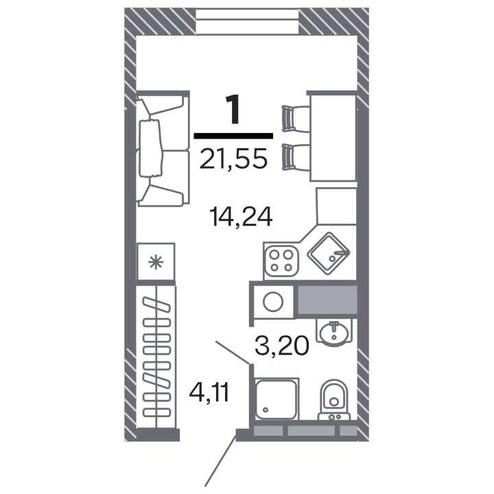 1-комнатная, 21.55 м² — изображение 1