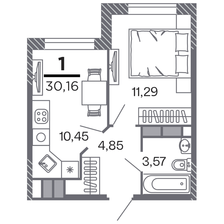 1-комнатная, 30.16 м² — изображение 1