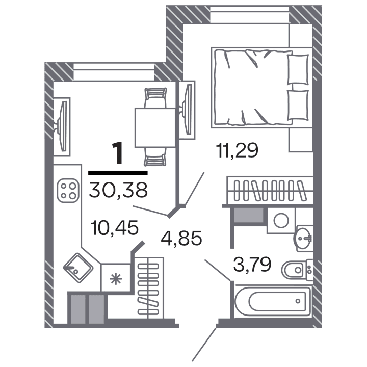 1-комнатная, 30.38 м² — изображение 1