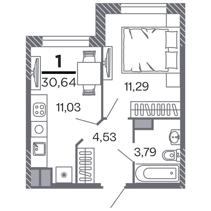1-комнатная, 30.64 м² — изображение 1