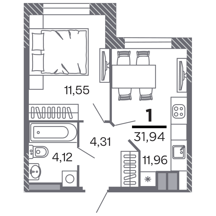1-комнатная, 31.94 м² — изображение 1