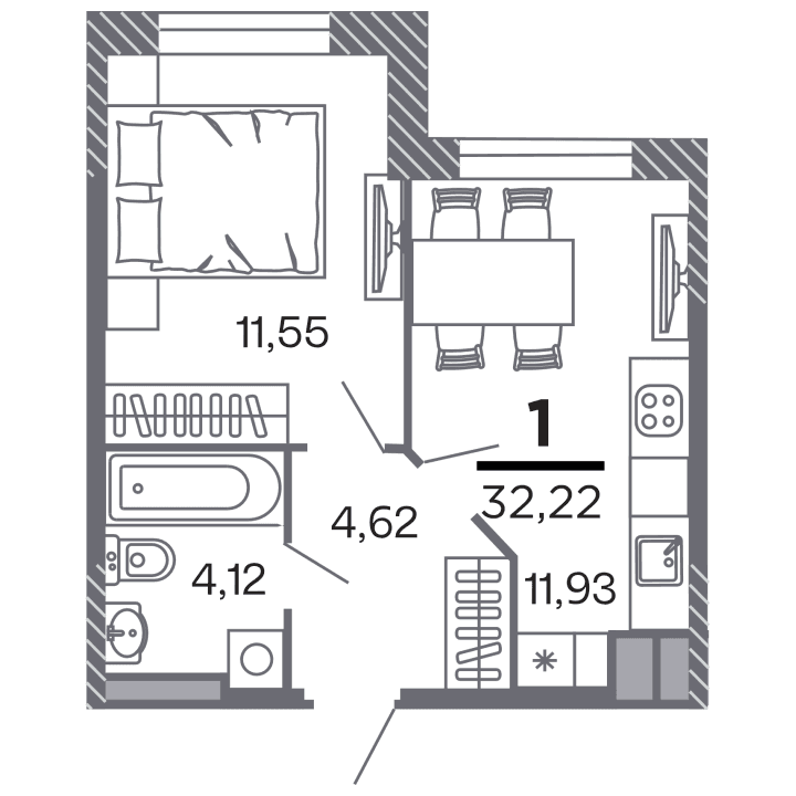 1-комнатная, 32.22 м² — изображение 1