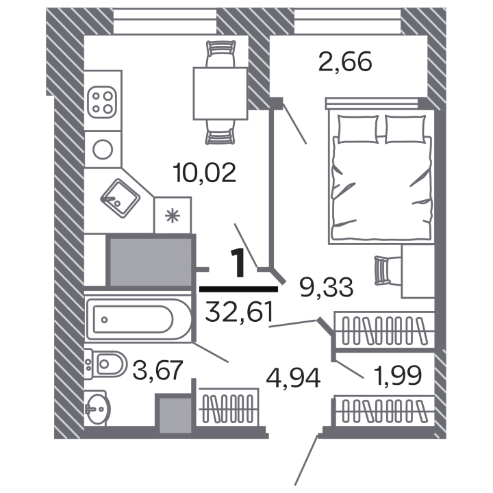1-комнатная, 32.61 м² — изображение 1