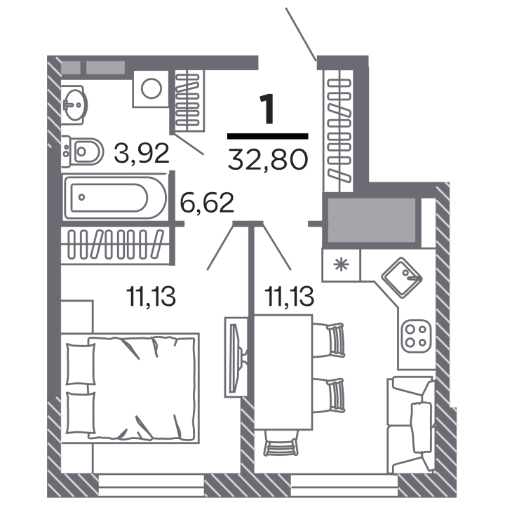 1-комнатная, 32.8 м² — изображение 1