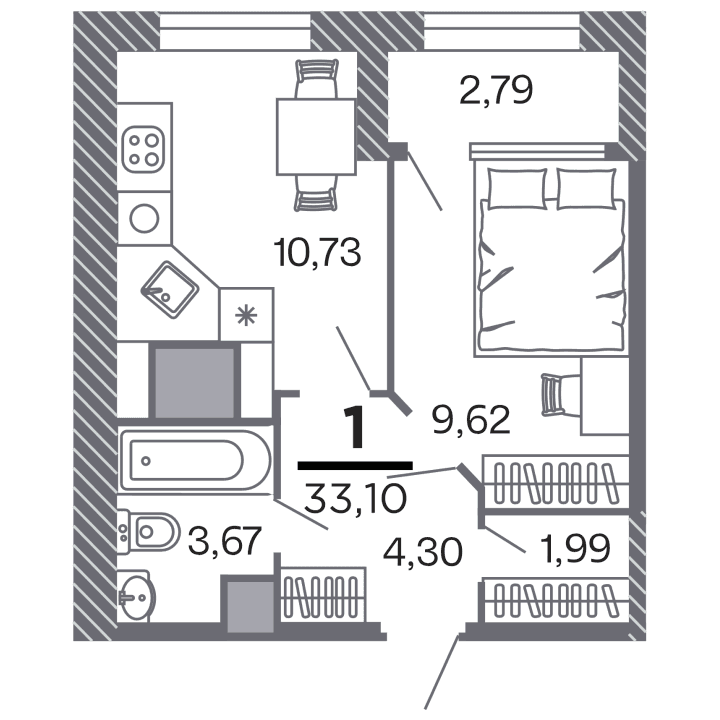 1-комнатная, 33.1 м² — изображение 1