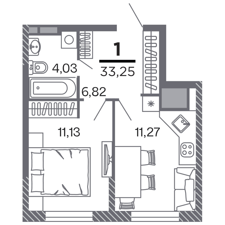 1-комнатная, 33.25 м² — изображение 1