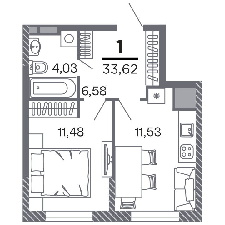 1-комнатная, 33.62 м² — изображение 1