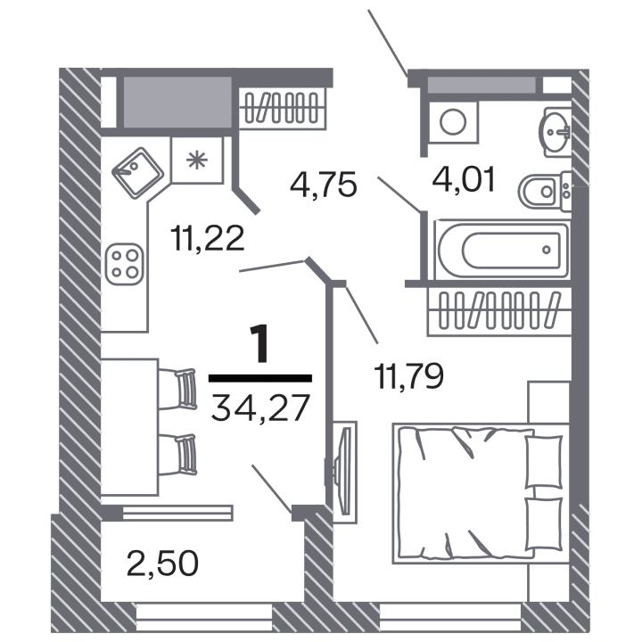 1-комнатная, 34.27 м² — изображение 1