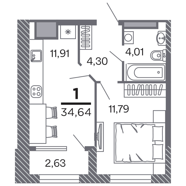 1-комнатная, 34.64 м² — изображение 1