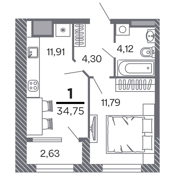 1-комнатная, 34.75 м² — изображение 1